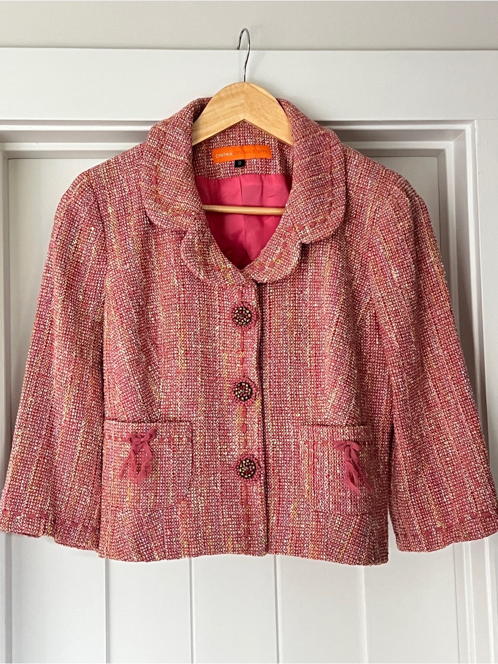 Cynthia Steffe Pink Tweed Jacket With Jeweled Buttons and Ribbon Accents